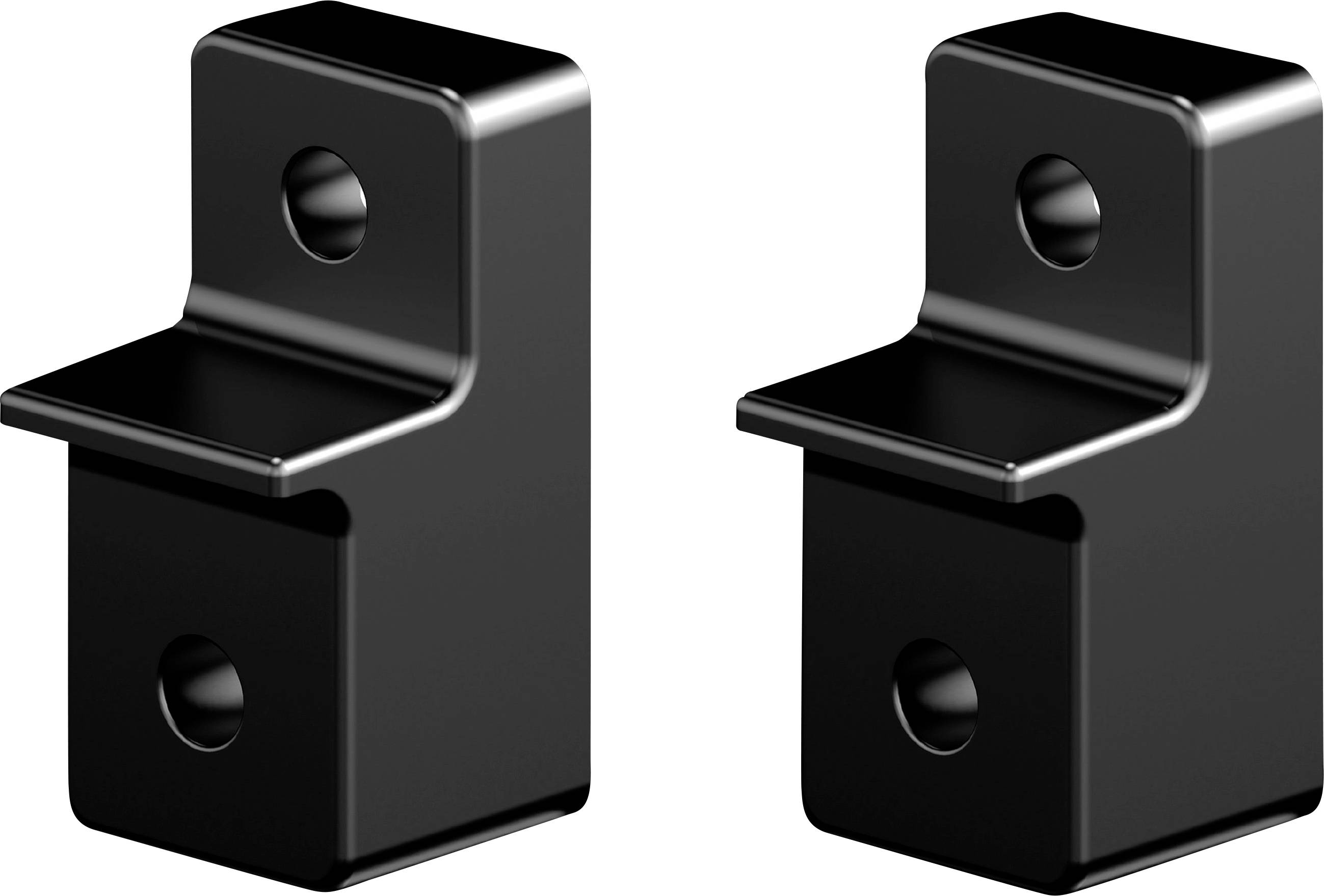 'Deux supports en métal noir, chacun avec deux trous. Utilisés pour le montage ou le support.'