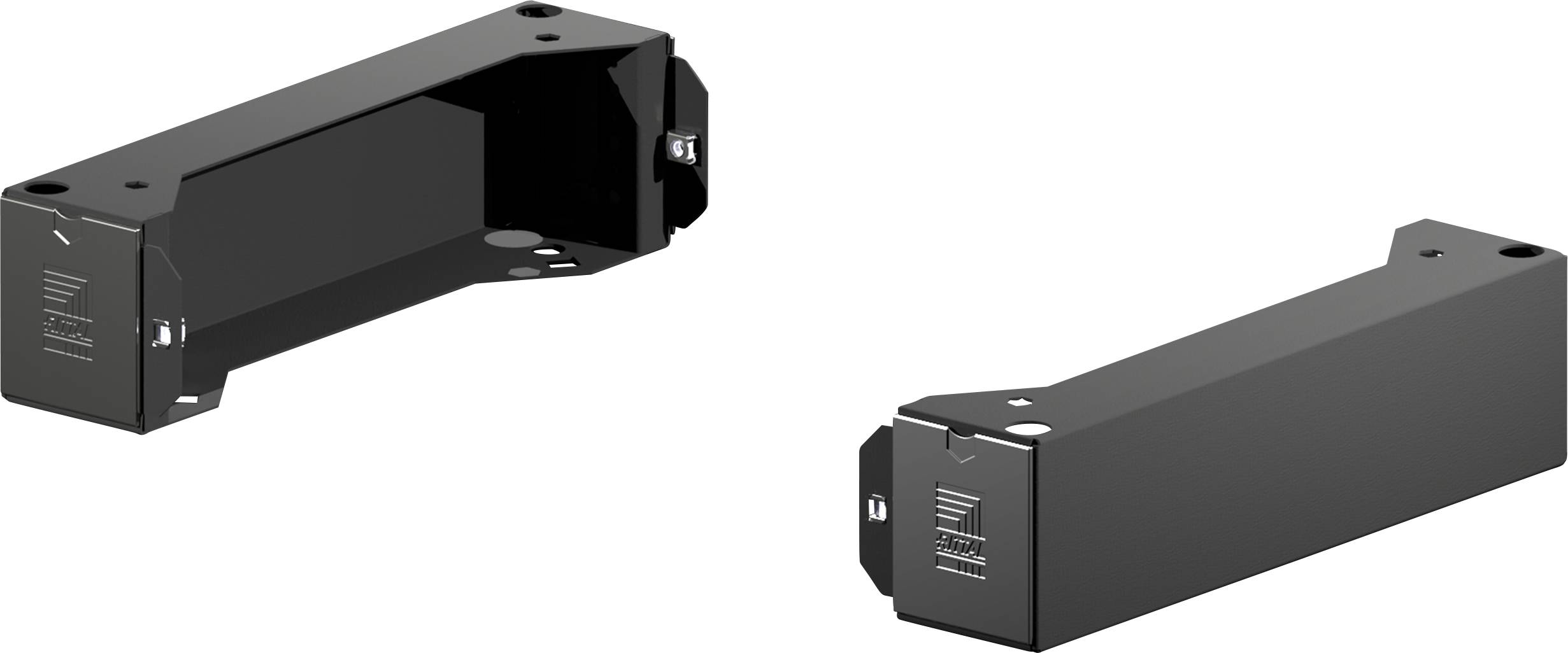 « Deux supports de montage en métal noir pour équipement électronique, chacun portant un logo et de petits trous pour vis, présentés sous différents angles. »