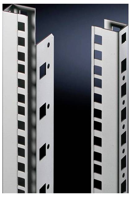 Deux pièces métalliques verticales avec des découpes carrées et rectangulaires sur un fond sombre, possiblement des parties d'une unité de rangement ou d'une structure.