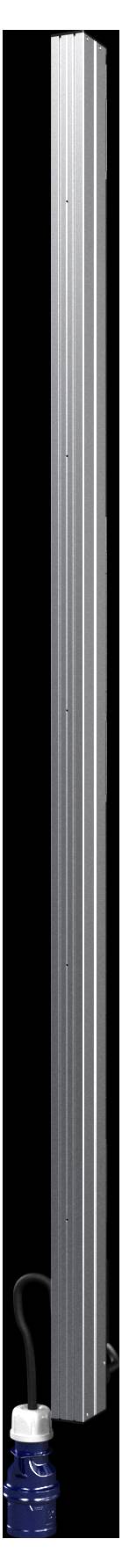 Un objet métallique vertical long et argenté, doté d'une base bleue et d'un câble attaché, probablement partie intégrante d'un système d'équipement ou de dispositif.