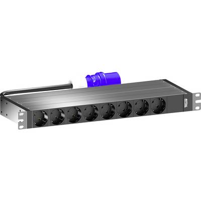 Une unité de distribution électrique (PDU) montable en rack 1U avec huit prises et une fiche bleue, conçue pour une utilisation dans des serveurs ou des centres de données.