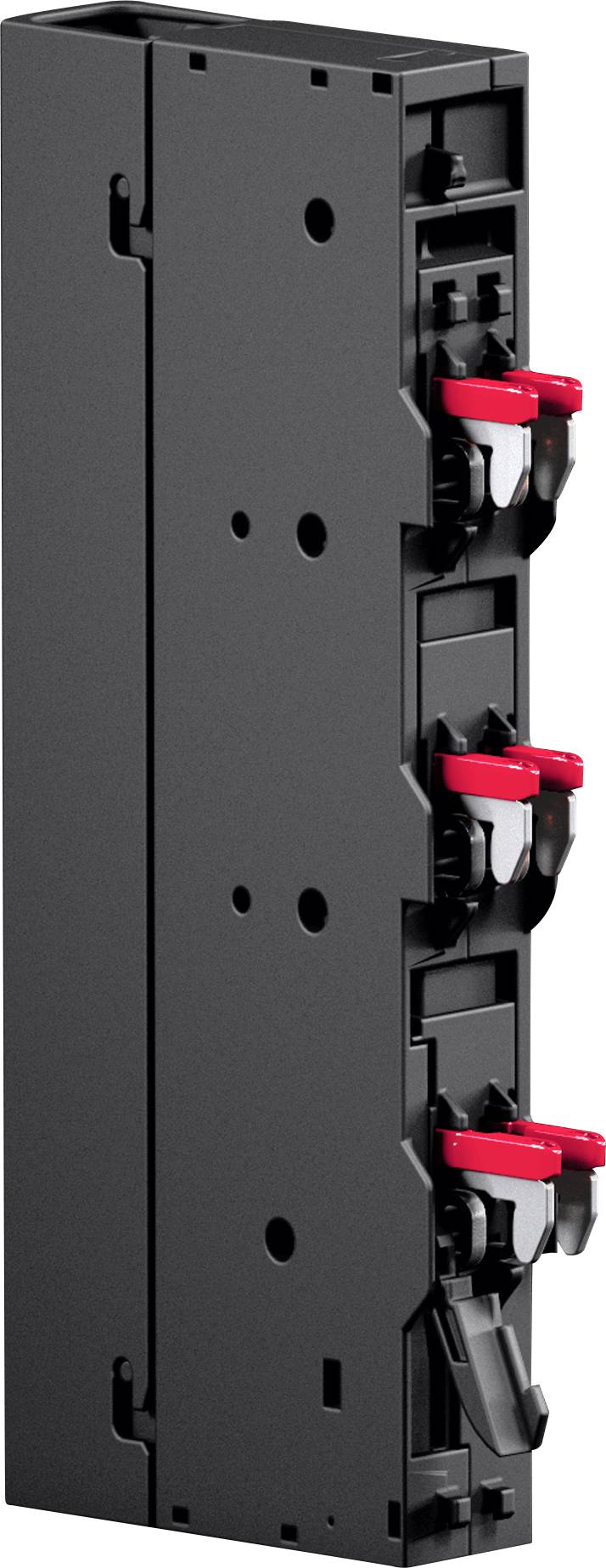 Un disjoncteur vertical noir avec trois leviers de commutation rouges alignés verticalement sur le côté droit, utilisé pour contrôler les circuits électriques.