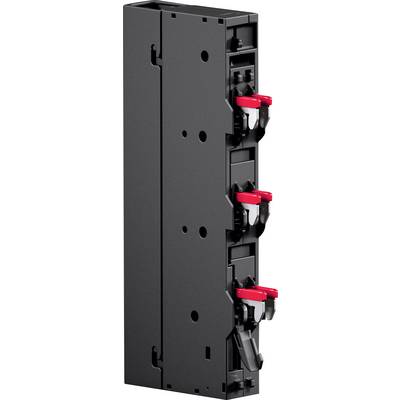Un disjoncteur vertical noir avec trois leviers de commutation rouges alignés verticalement sur le côté droit, utilisé pour contrôler les circuits électriques.