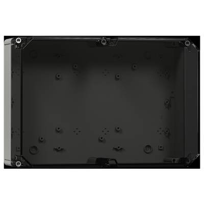 Un boîtier rectangulaire en métal noir avec plusieurs trous de vis pour le montage de composants, vu de dessus.