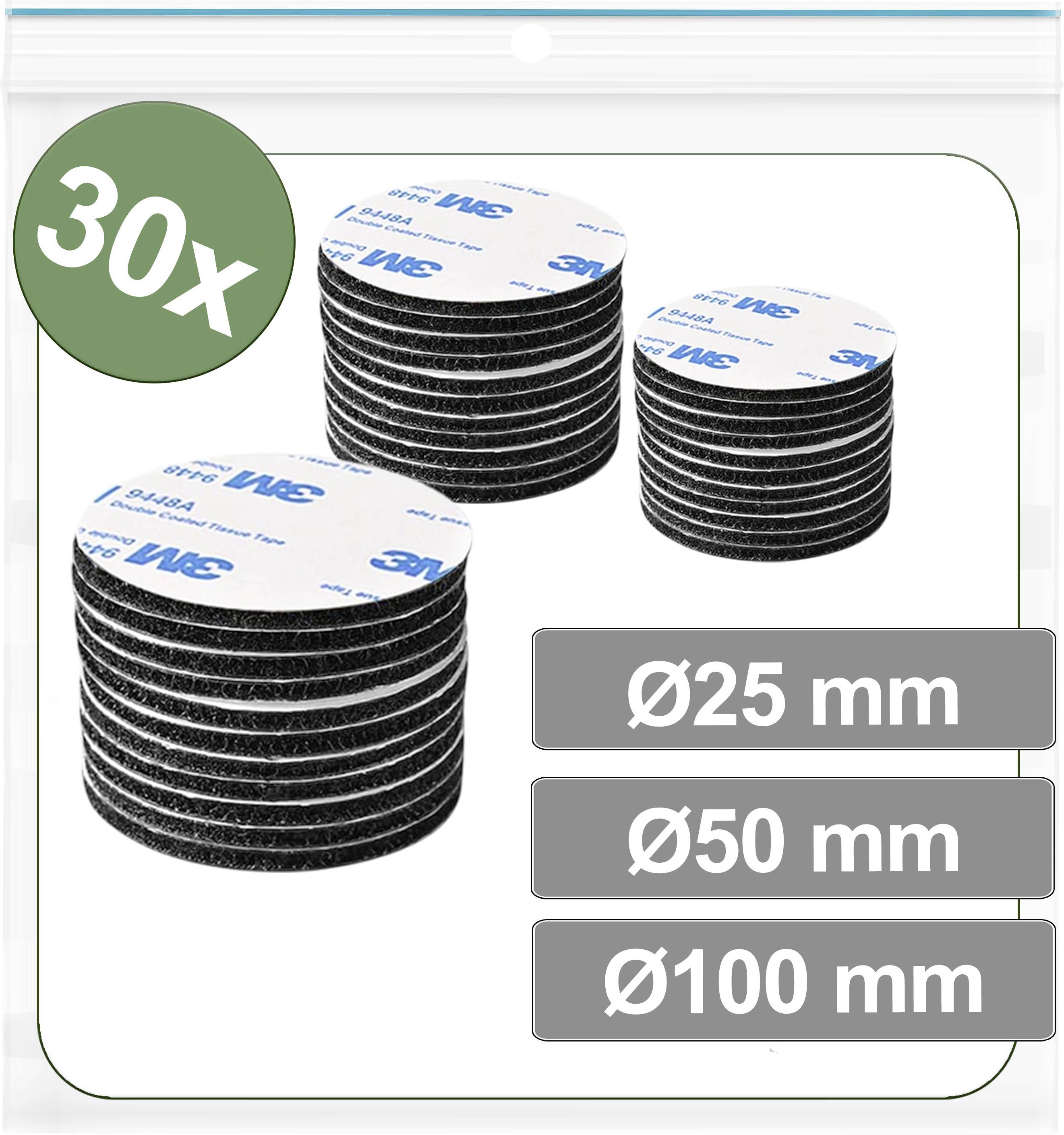 Ensemble de 30x cercles en velcro noir avec les dimensions suivantes : 25 mm, 50 mm et 100 mm. Emballé dans un sachet transparent.
