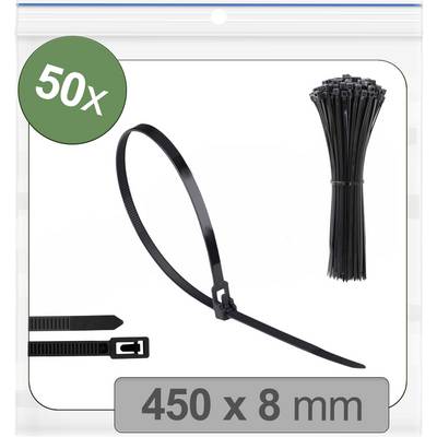 Image d'un emballage contenant 50 colliers de câbles noirs, mesurant chacun 450 x 8 mm. Un seul collier est présenté à côté d'un groupe de colliers regroupés.