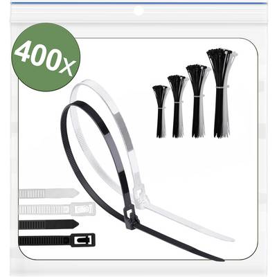 Pack de 400 attaches de câble en noir et blanc de différentes tailles.