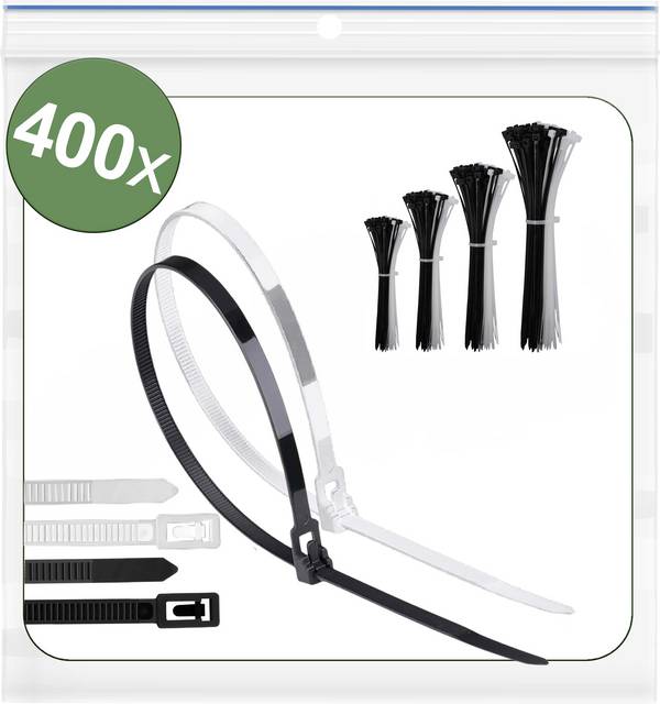 Quadrios 25CA723 25CA723 Serre-câble 150 mm, 200 mm, 250 mm, 300 mm 5 mm noir, blanc réouvrable, avec fermeture à levier, stabilisé aux UV, résistant aux intempéries 400 pc(s)