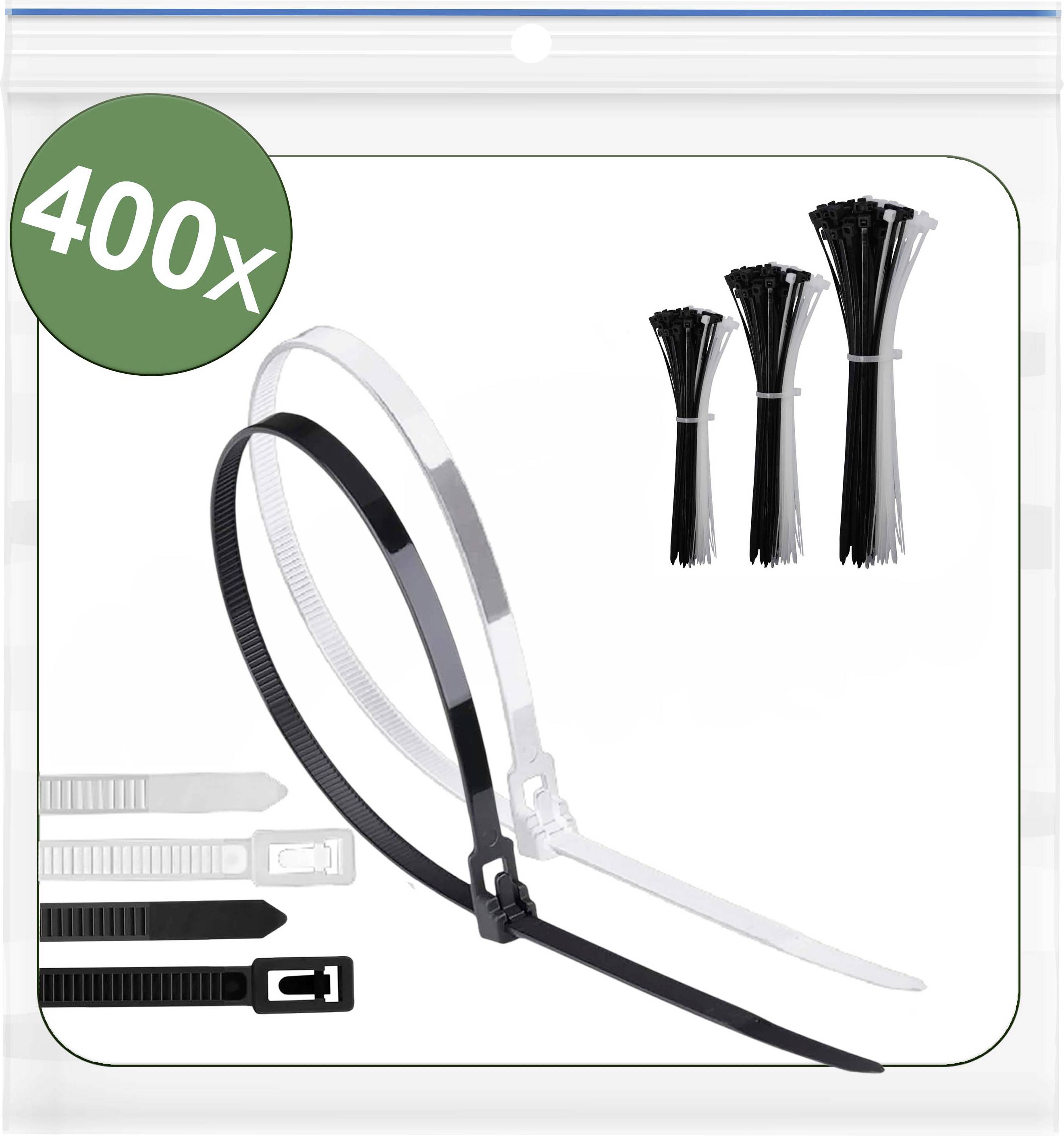 Lot de 400 colliers de câblage en noir et blanc, différentes tailles présentées. Idéal pour organiser les câbles et fixer les objets.