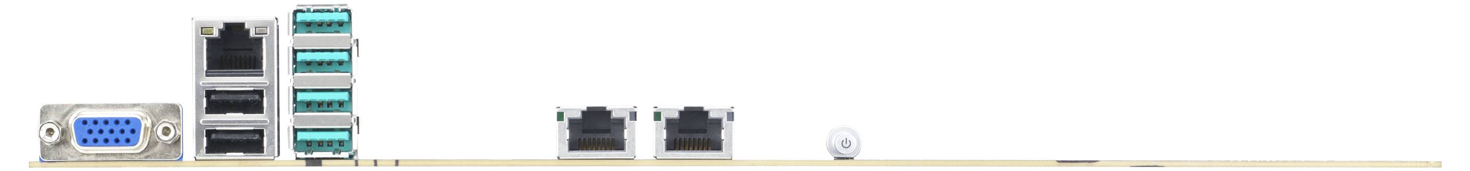 Panneau arrière d'une carte mère d'ordinateur présentant plusieurs ports USB, des ports audio, deux ports Ethernet et un port VGA pour la connectivité.