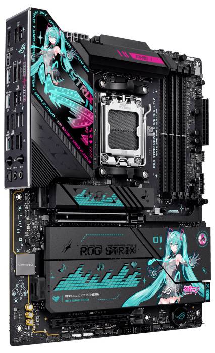 Carte mère présentant une œuvre d'art de science-fiction vibrante représentant un personnage en bleu canard et noir, avec les textes « STRIX » et « ROG STRIX » visibles.