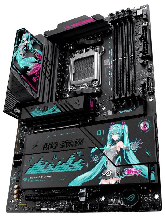 Une carte mère de jeu présentant un design éclatant avec un thème futuriste. Elle comprend des illustrations et des logos, mettant l'accent sur la technologie avancée.