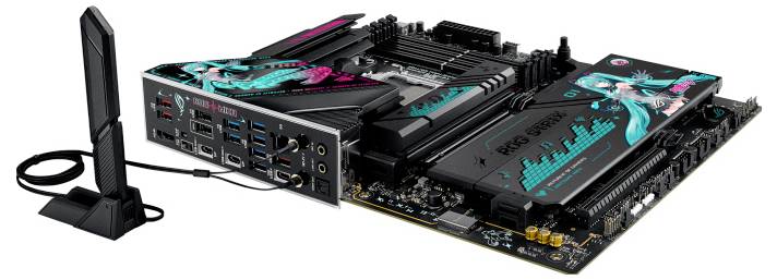 Une carte mère de jeu présentant un artwork unique, plusieurs ports sur le panneau arrière, et une antenne externe connectée pour une connectivité améliorée.