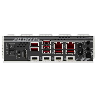 Panneau arrière d'une carte mère d'ordinateur avec différents ports, dont USB (rouge et noir), Ethernet, HDMI et prises audio.