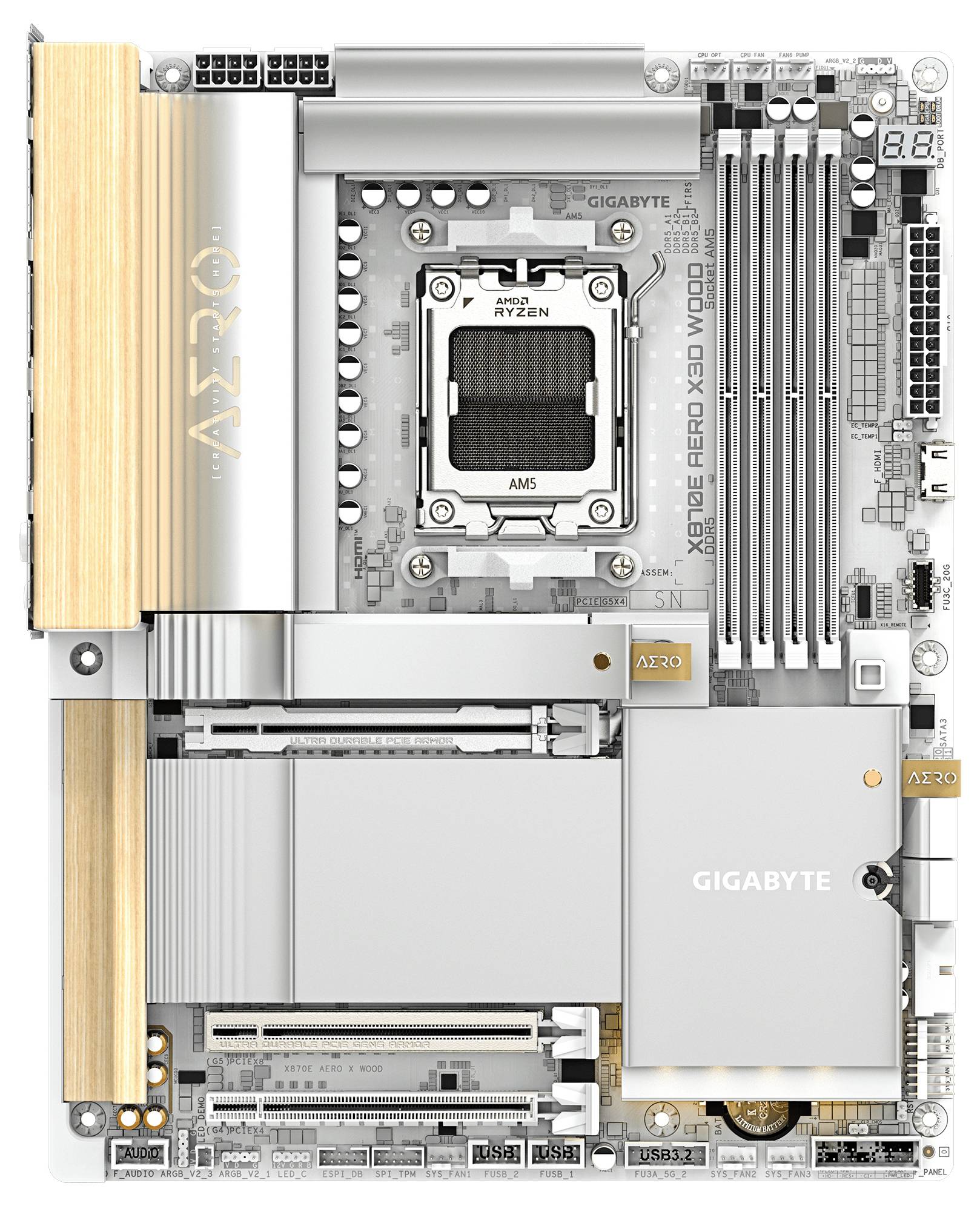 Une carte mère compacte blanche avec un socket CPU central étiqueté 'AMD Ryzen' par GIGABYTE. Elle comprend des emplacements de RAM et des dissipateurs thermiques en métal.