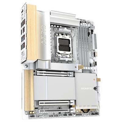 Une carte mère avec un socket pour processeur AMD, plusieurs emplacements pour RAM, des fonctionnalités de refroidissement et une identité de marque. Conçue pour l'informatique haute performance.
