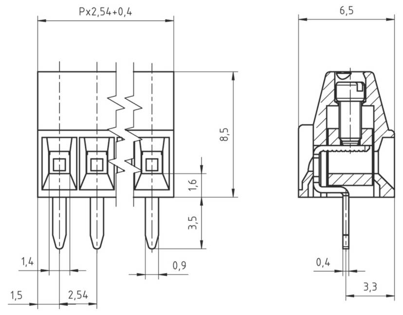 Dessin technique d'un connecteur électrique à deux broches, vues de face et de profil, avec des mesures pour la largeur (6,5 mm), la hauteur (8,5 mm) et l'espacement des broches (2,54 mm).