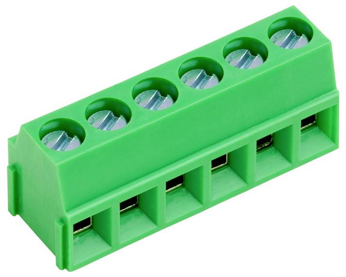 Bloc terminal vert avec six connecteurs à vis. Utilisé pour les connexions de câblage électrique dans les appareils électroniques.