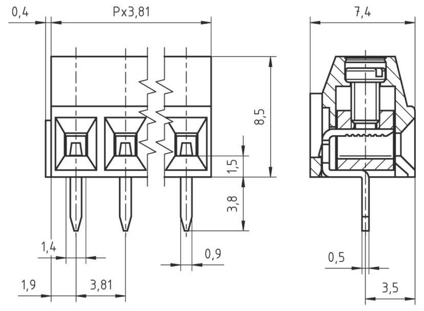 Dessin technique d'un composant électronique avec dimensions. Comprend des vues de face et de côté, montrant les mesures pour l'assemblage.