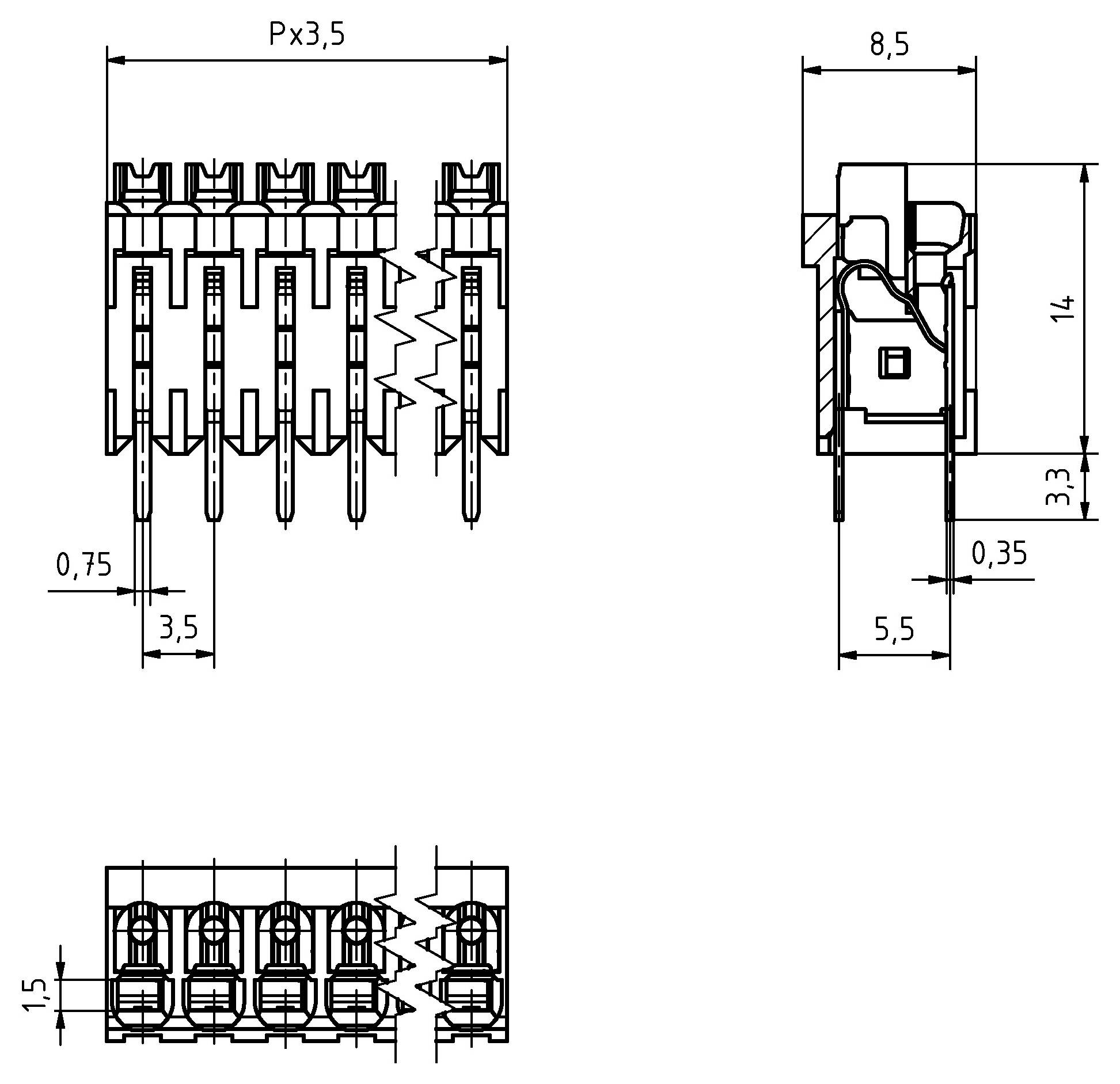 Dessin technique d'un composant électronique à 5 broches, montrant les vues de côté et de dessus avec les dimensions étiquetées en millimètres.