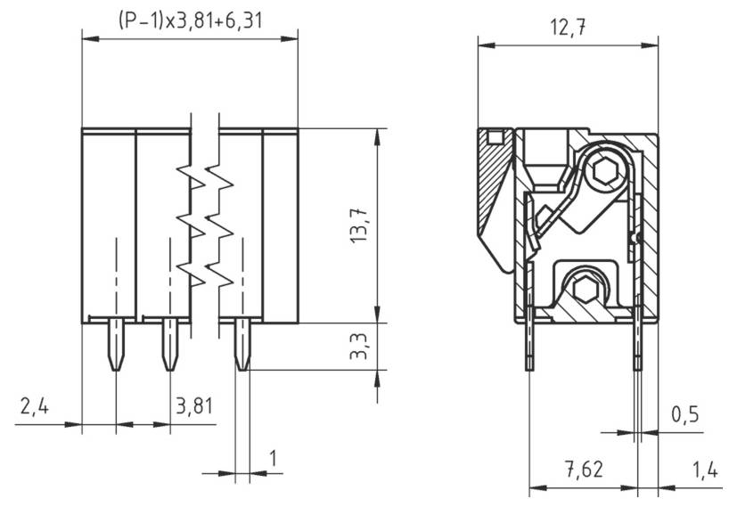 Diagramme technique d'un composant électronique avec mesures : hauteur 13,7 mm, largeur 12,7 mm. Vues latérale et frontale avec diverses dimensions annotées.
