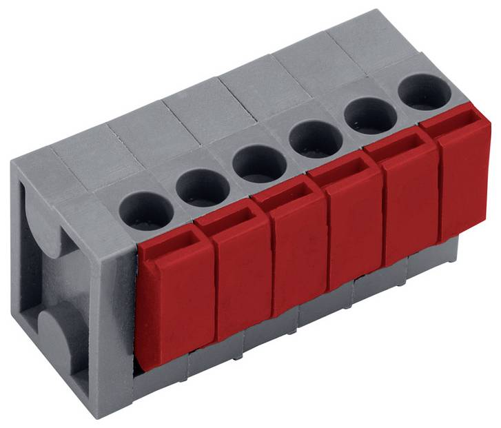 Un bloc de connecteur modulaire gris et rouge avec six ouvertures pour les connexions électriques, équipé de leviers rouges pour une fixation sécurisée.
