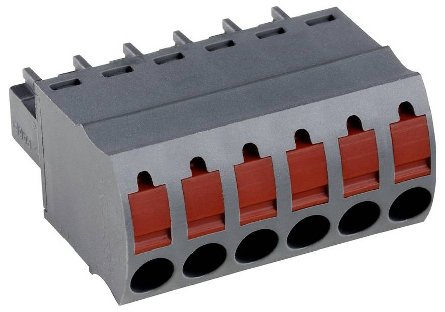 « Connecteur électrique gris avec six connecteurs à loquet de sécurité rouge, mettant en évidence les points d'entrée de fil pour les connexions électriques. »
