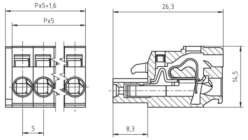 Dessin technique d'un connecteur : les dimensions incluent une longueur de 26,3 mm, une hauteur de 14,5 mm, et diverses pièces étiquetées et mesures.