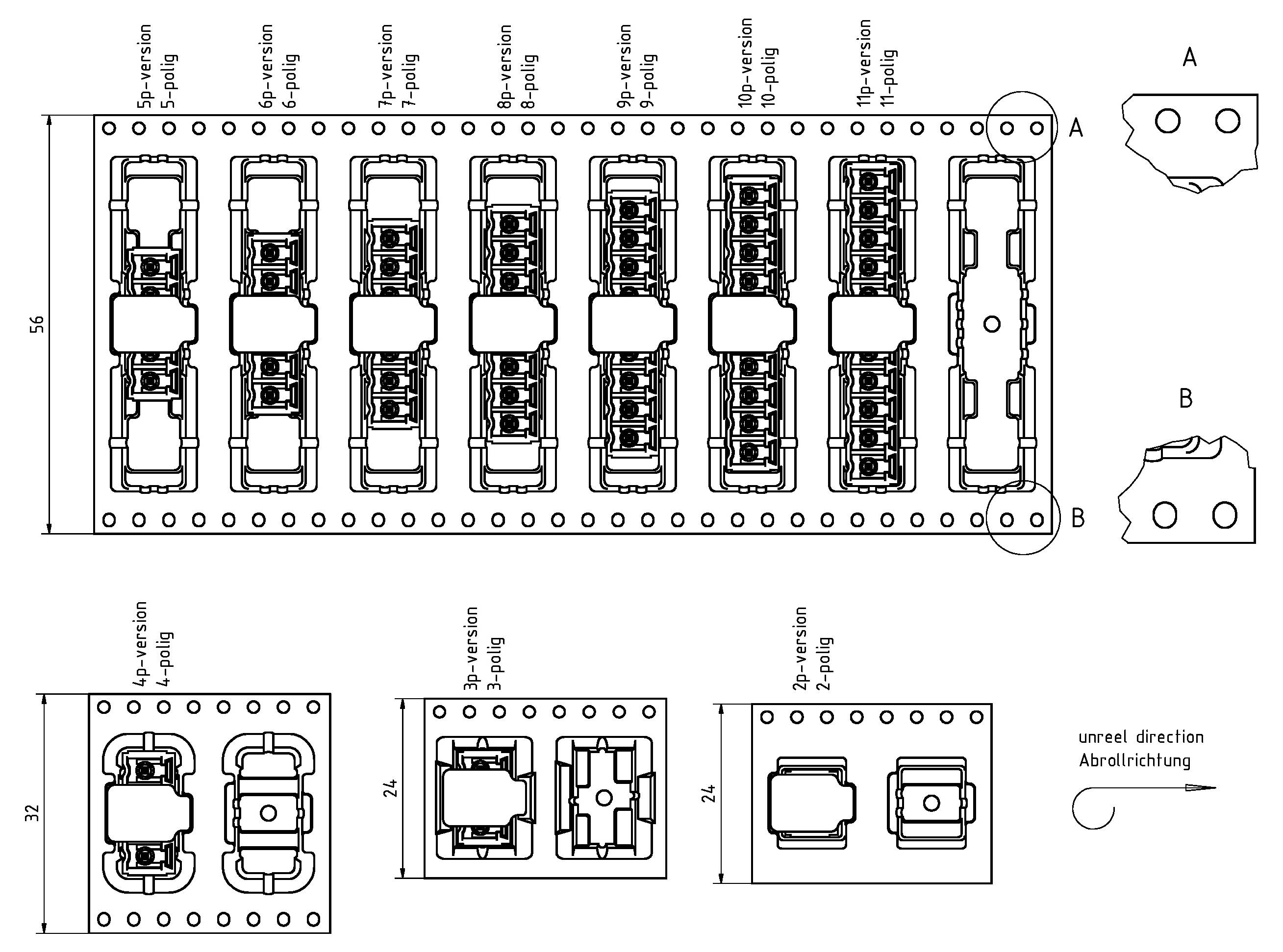 Conception de plaque d'interrupteur mécanique avec plusieurs contours d'interrupteurs et mesures, y compris vues de dessus et latérales. Les étiquettes indiquent le placement et l'espacement.