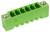 Un bloc de bornes vert avec plusieurs points de connexion, utilisé pour le câblage électrique, comportant deux bornes à vis métalliques à chaque extrémité.