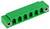 Barrette de connexion verte à six positions avec connecteurs à vis pour applications de câblage, dotée d'insertions de montage métalliques à chaque extrémité.