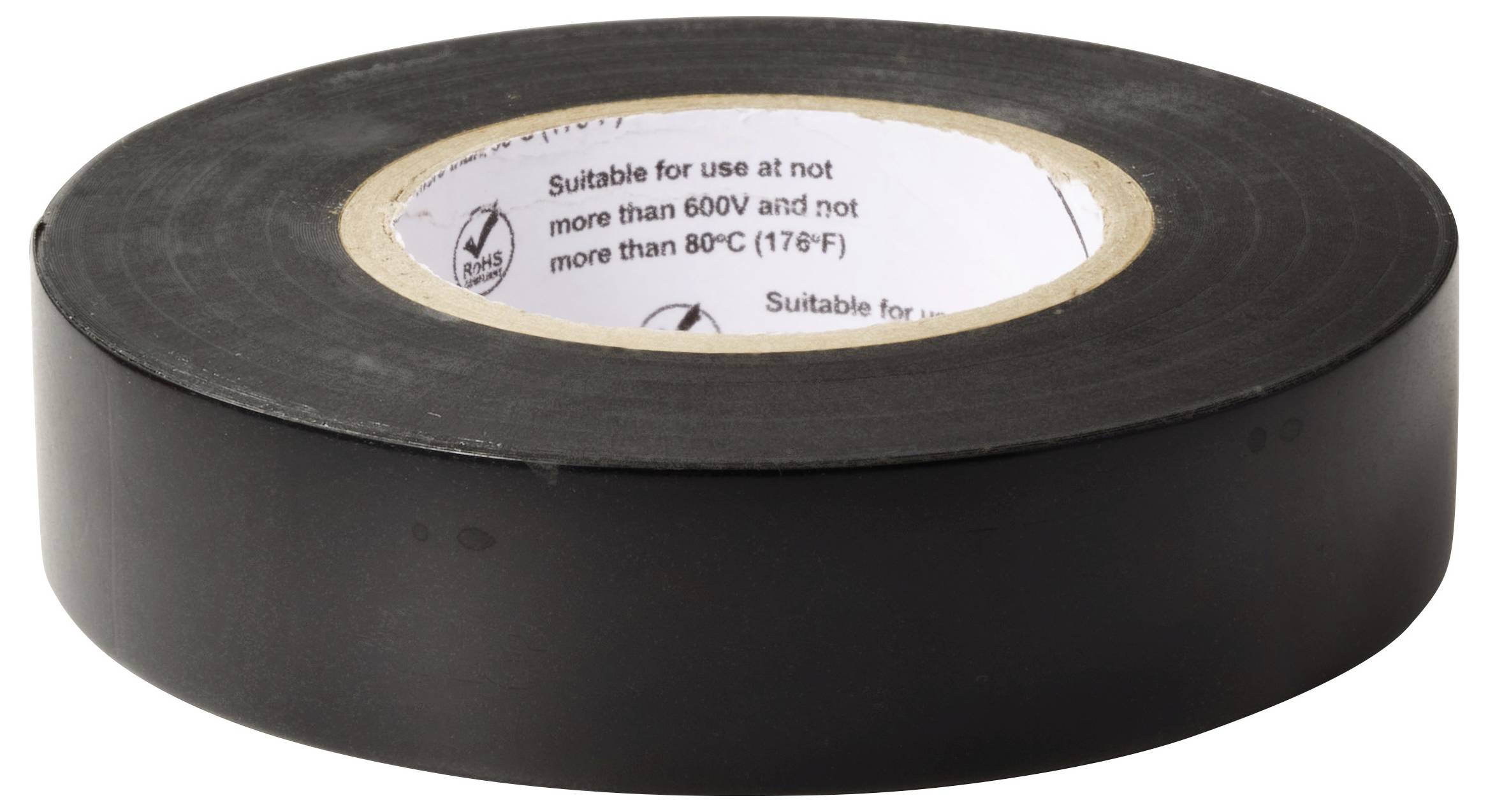 Un rouleau de ruban électrique noir avec étiquetage blanc intérieur, indiquant une utilisation en dessous de 600V et 80°C (176°F).