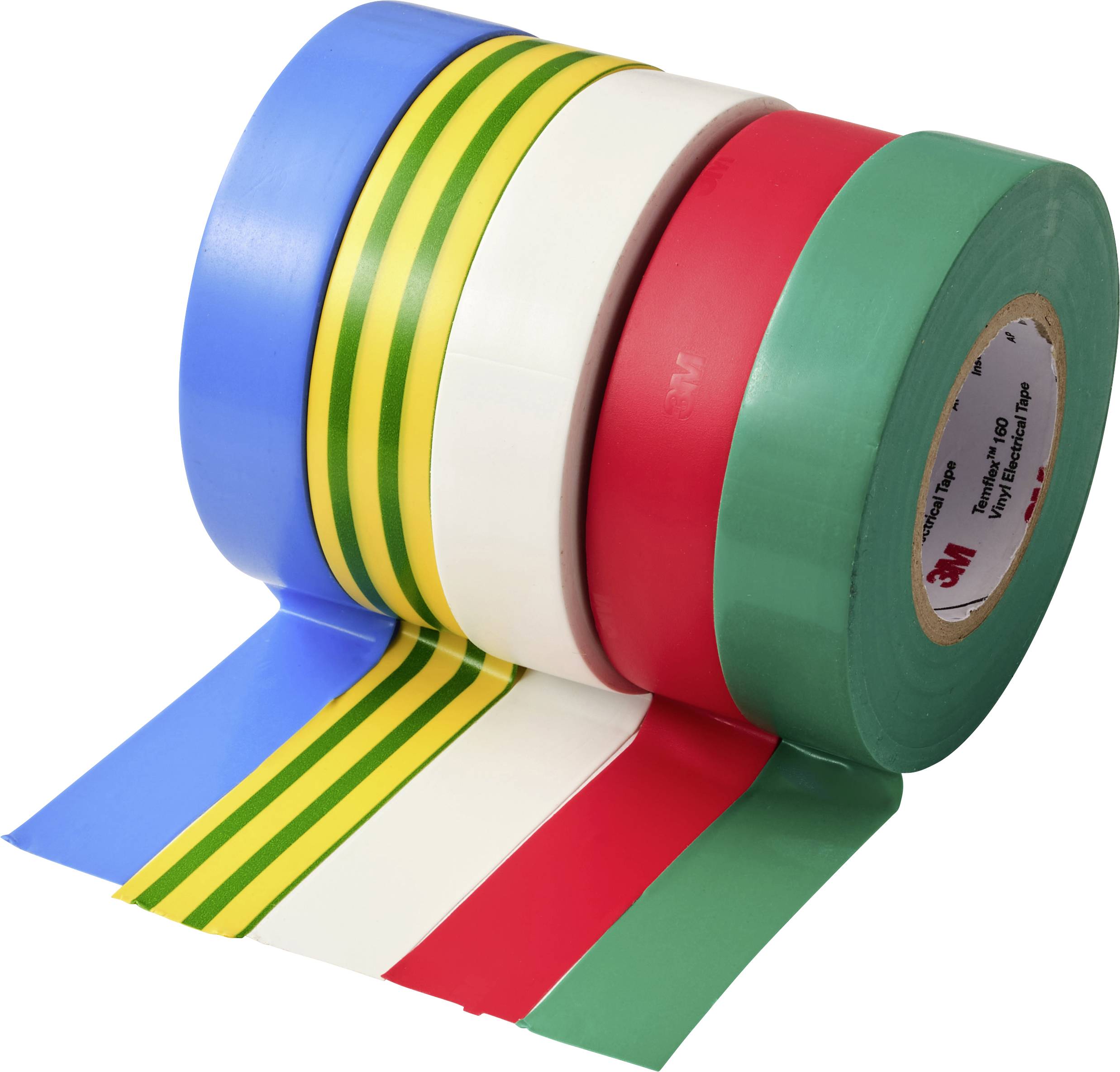 Cinq rouleaux de ruban électrique, légèrement déroulés, en bleu, jaune à rayures vertes, blanc, rouge et vert.