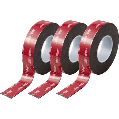 Trois rouleaux de ruban adhésif en mousse double face noir avec support rouge, étiquetés avec « 3M » en texte blanc.