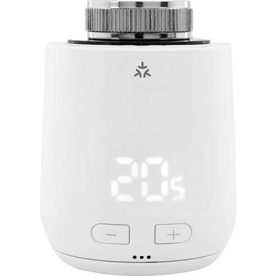 Un thermostat intelligent blanc affiche '20°' avec des boutons '+' et '-' en dessous.