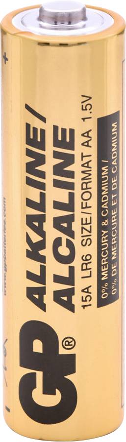 Une pile alcaline GP de taille AA, étiquetée « 1,5 V, 0 % mercure et cadmium ».