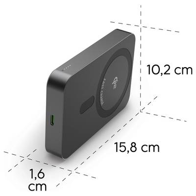 Un chargeur sans fil noir avec rapide charge, dimensions : 10,2 cm de hauteur, 15,8 cm de largeur, et 1,6 cm d'épaisseur, avec un port vert.
