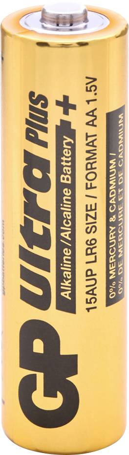 Une pile alcaline AA jaune de marque 'GP Ultra Plus', étiquetée 1,5V, sans mercure ni cadmium.