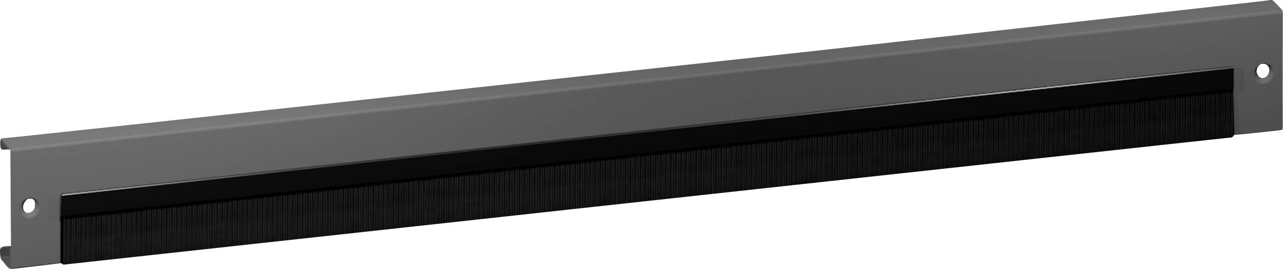 Un panneau de montage en rack horizontal noir et gris avec deux trous de vis à chaque extrémité, utilisé pour la gestion des câbles ou pour combler un espace vide dans un rack.