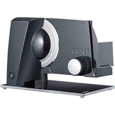 Trancheuse électrique au design élégant noir avec une lame circulaire, un bouton de réglage de l'épaisseur et le nom de la marque 'Graef' gravé sur le côté.
