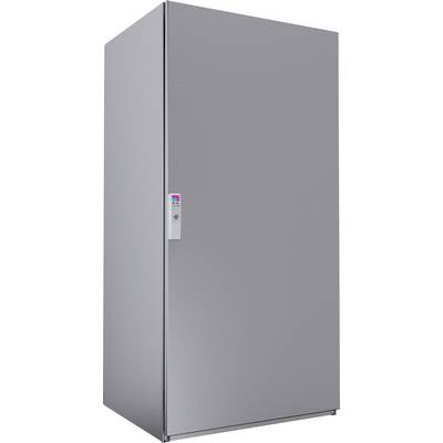 Une grande armoire métallique grise, élégante et lisse, avec une porte avant unique et plate, et un petit panneau de contrôle sur le côté.