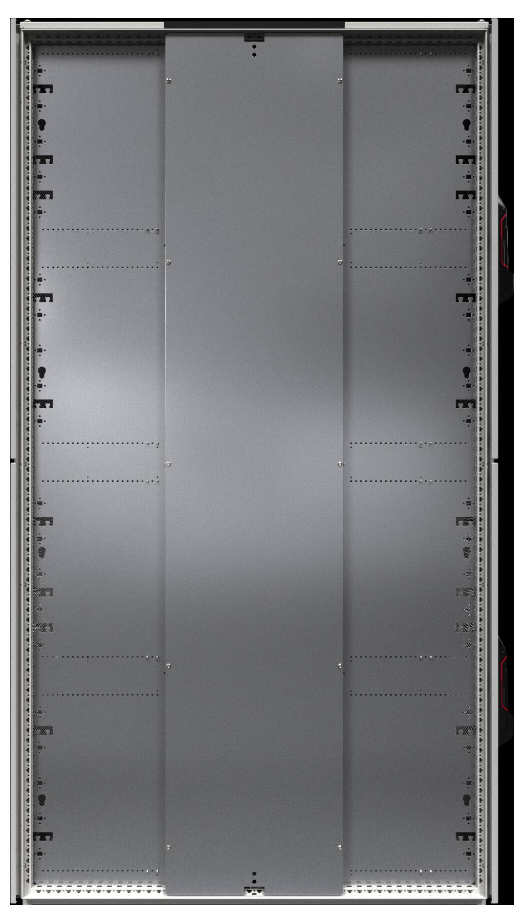 Un rack de serveur métallique grand et vide, doté de multiples emplacements pour installer des équipements dans un centre de données ou un environnement réseau.