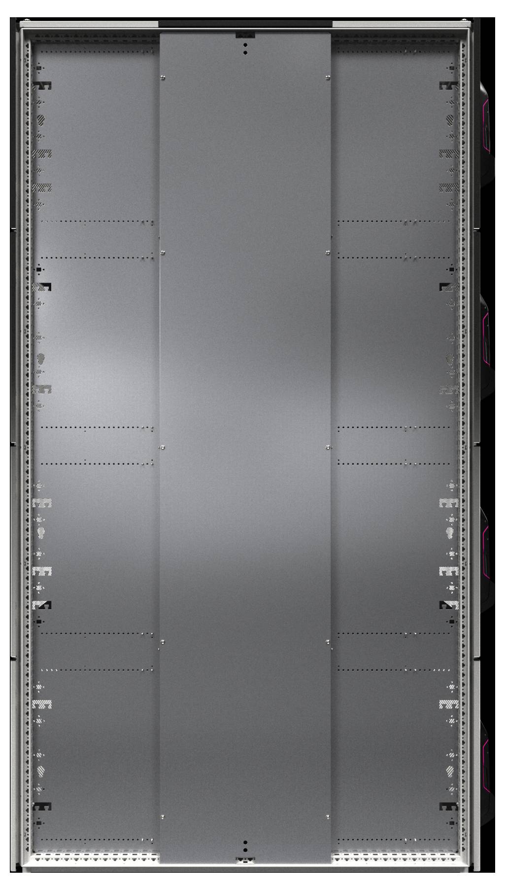Baie de rack avec panneaux métalliques et supports de montage sur les côtés, conçue pour héberger des serveurs et des équipements réseau.