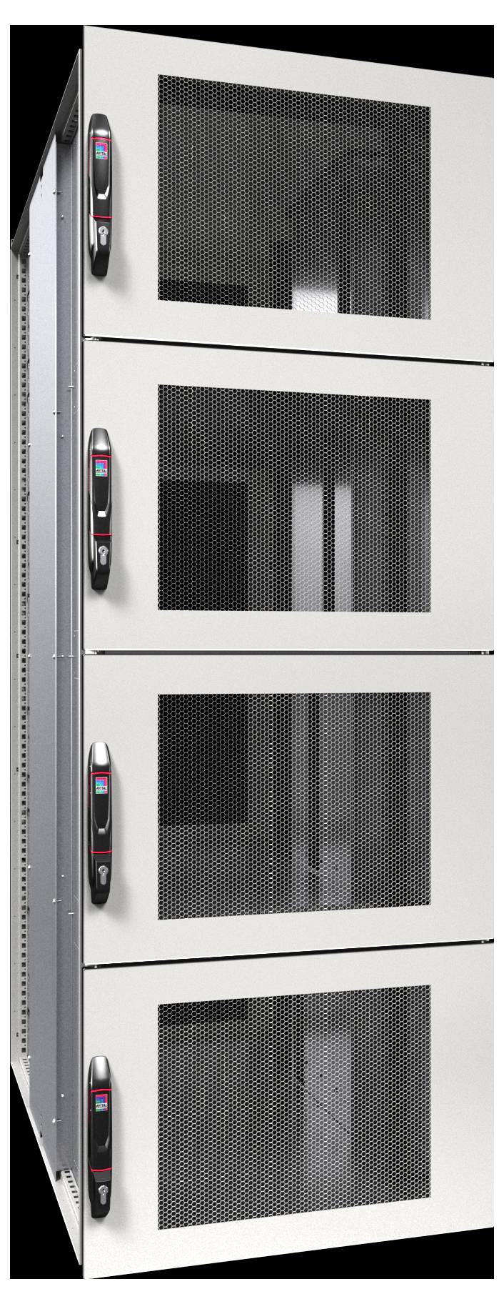 Grand rack de serveur métallique avec quatre compartiments fermés, chacun équipé d'une porte grillagée pour la ventilation. Des panneaux de commande sont installés sur chaque porte.