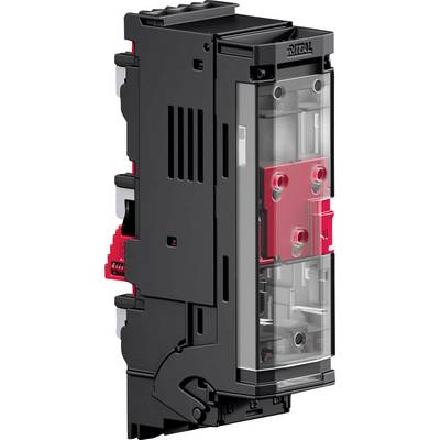 Un composant électrique noir et rouge, probablement un disjoncteur ou un interrupteur électrique, avec des parties de boîtier transparentes, présentant des mécanismes internes.