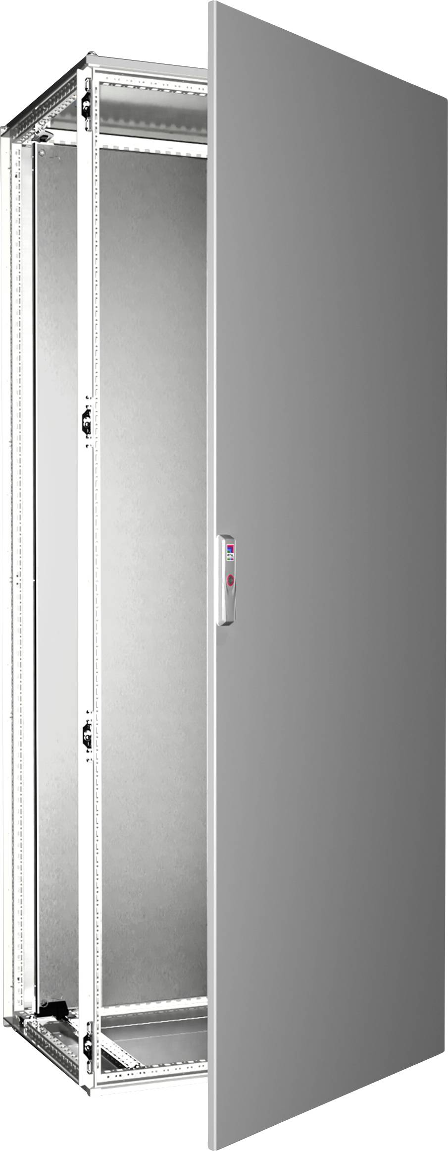 Une armoire métallique haute avec une porte partiellement fermée, laissant entrevoir un intérieur vide. Elle semble conçue pour le rangement ou l'entreposage d'équipement.