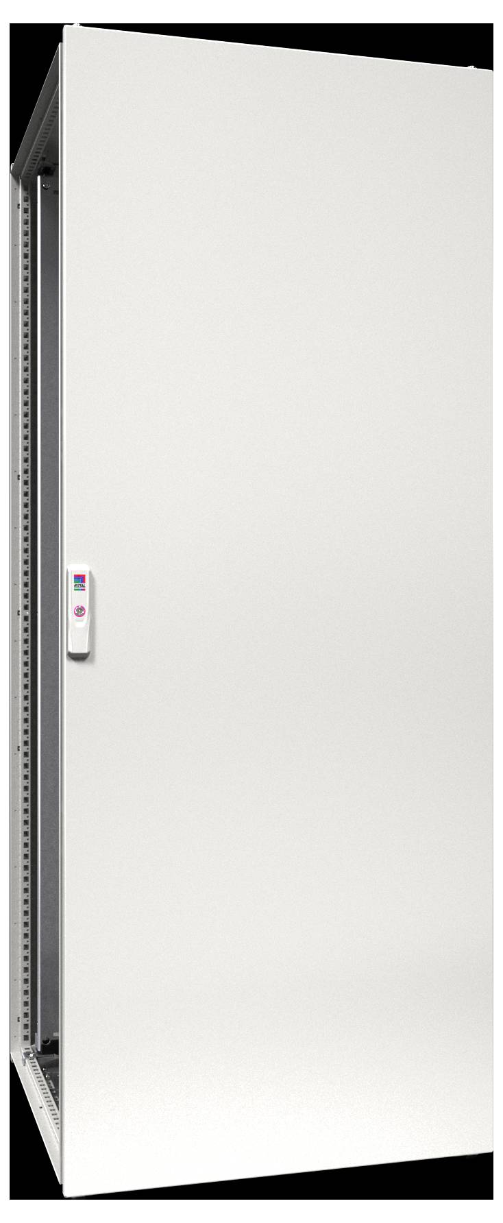 Une armoire blanche haute et fermée pour serveurs, équipée d'une poignée argentée et d'un panneau de commande, conçue pour abriter des équipements électroniques dans les centres de données.