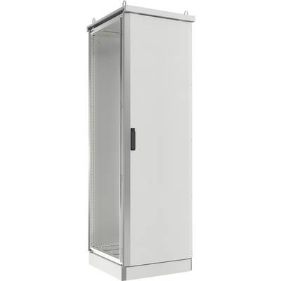 Un grand boîtier d'armoire métallique vide, gris, avec une porte en verre et une poignée noire, généralement utilisé pour le stockage d'équipements électroniques ou réseau.