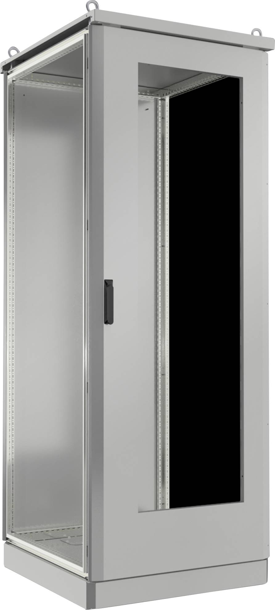 Armoire de serveur métallique avec panneau frontal en verre, équipée d'une poignée verrouillable et de quatre boulons de montage aux coins supérieurs.