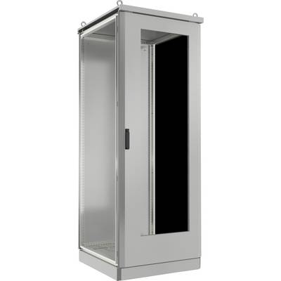 Armoire de serveur métallique avec panneau frontal en verre, équipée d'une poignée verrouillable et de quatre boulons de montage aux coins supérieurs.